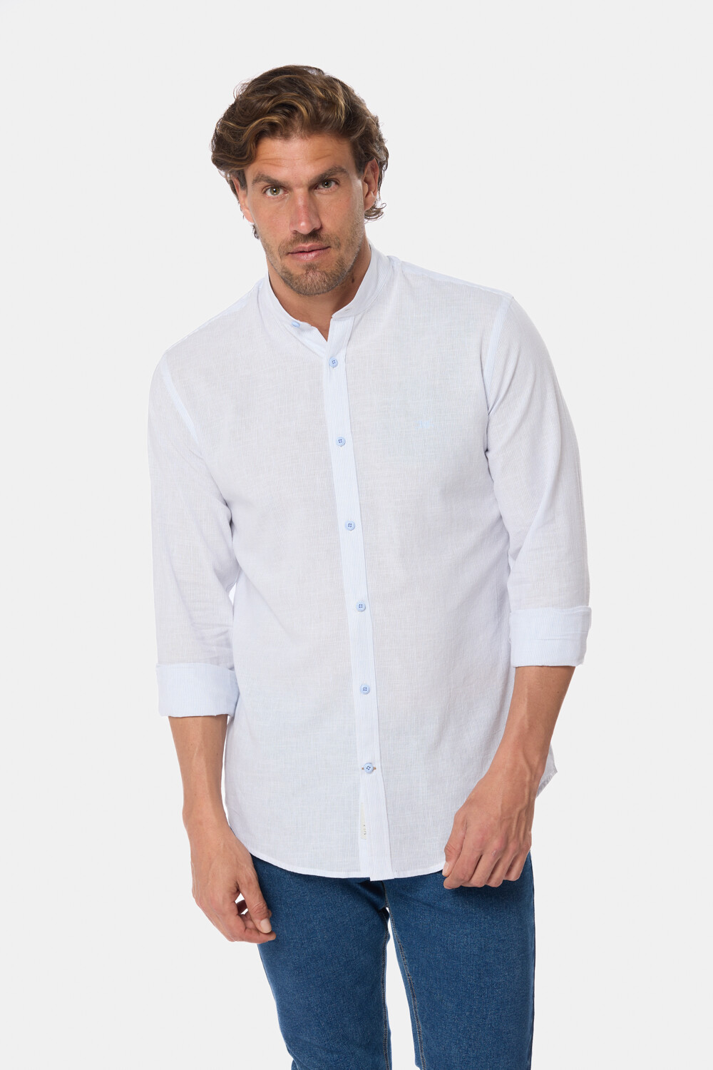 CAMISA RAYADA DE LINO CUELLO MAO Celeste