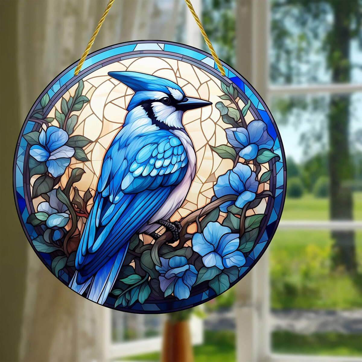 Cuadro Redondo Estilo Vitral - Urraca Azul 