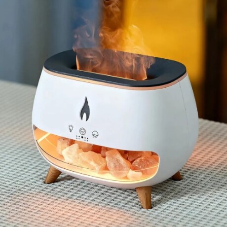Difusor de Aromas Ultrasónico con Piedras de Sal de Himalaya y Efecto Llama LED - Blanco Difusor de Aromas Ultrasónico con Piedras de Sal de Himalaya y Efecto Llama LED - Blanco