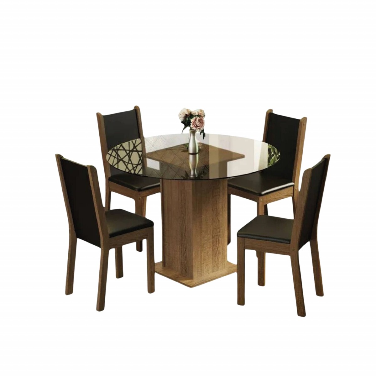 Juego de comedor con mesa redonda de vidrio y 4 sillas rústicas - Negro 
