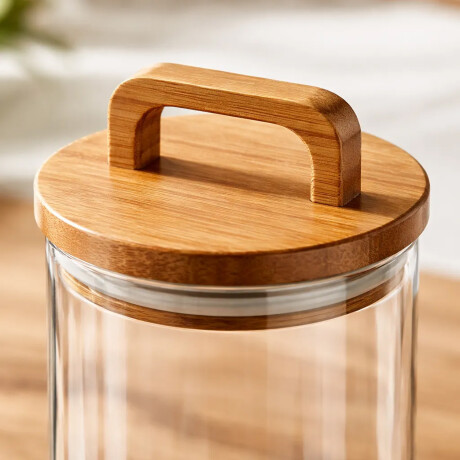 Frasco Recipiente Vidrio Tapa Madera Asa Transparente Transparente