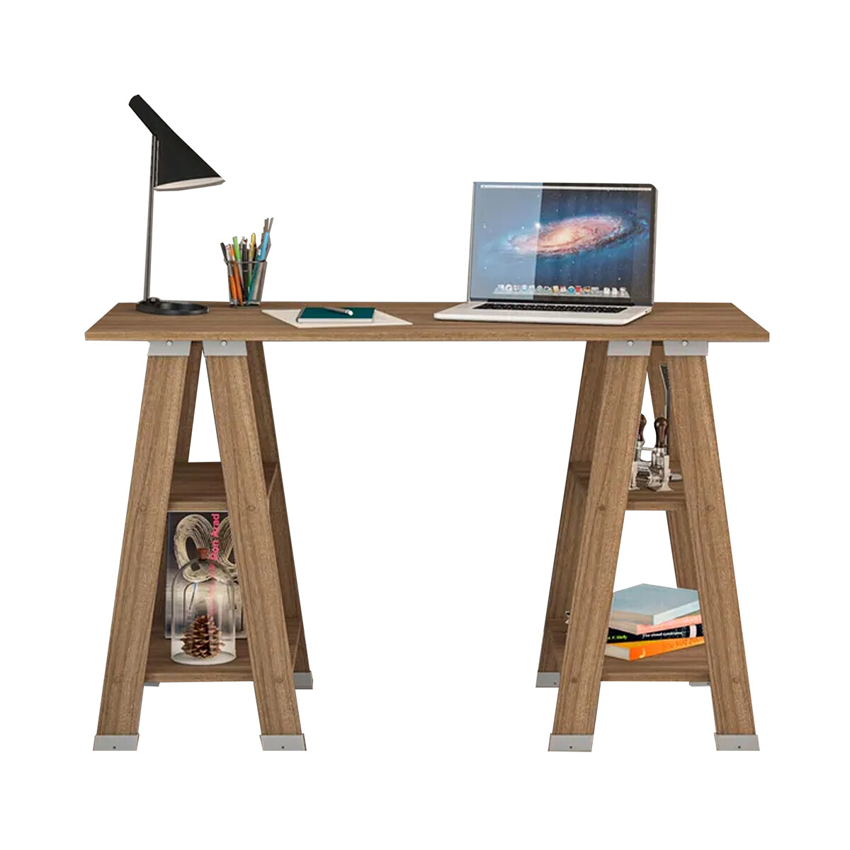 ESCRITORIO - MESA CON CABALLETES Y ESTANTES 