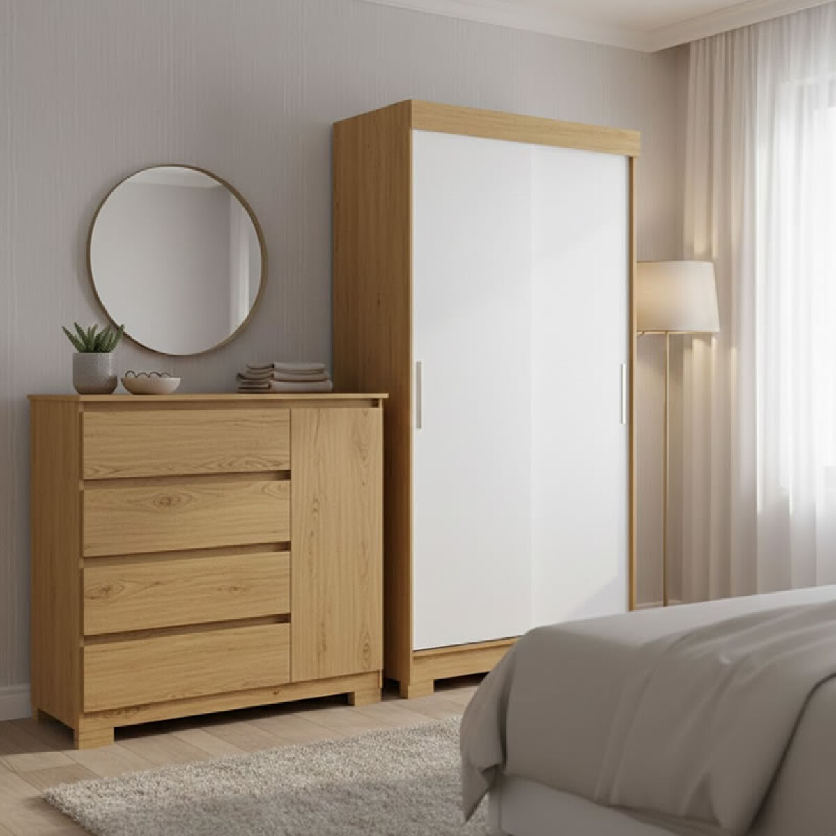 Juego de Dormitorio Ropero Antares 2 Puertas Corredizas y Comoda Vega 4 Cajones 