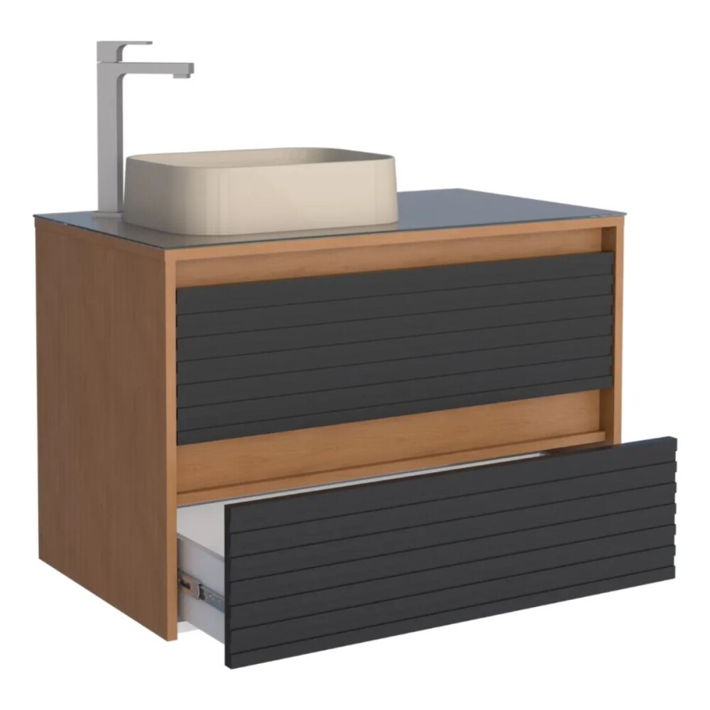 Mueble de baño Osaka Negro con tapa de vidrio y bacha de loza Mueble De Baño Osaka Negro Con Tapa De Vidrio Y Bacha De Loza