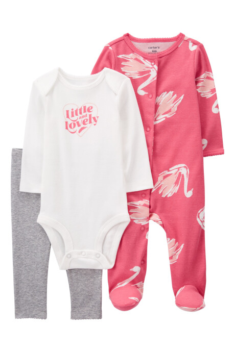 Set tres piezas de algodón, pijama con pie, calza y body, diseño cisne Set tres piezas de algodón, pijama con pie, calza y body, diseño cisne