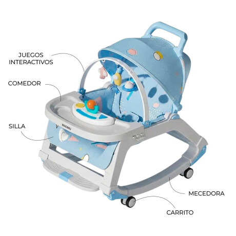 Silla 5 en 1 Bebé Mecedora Ruedas Comedor Sonido Interactivo Celeste