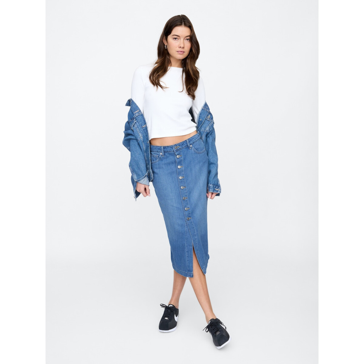 V-DENIM BUTTON DOWN MIDI SKIRT - MEDIUM INDIGO 15 