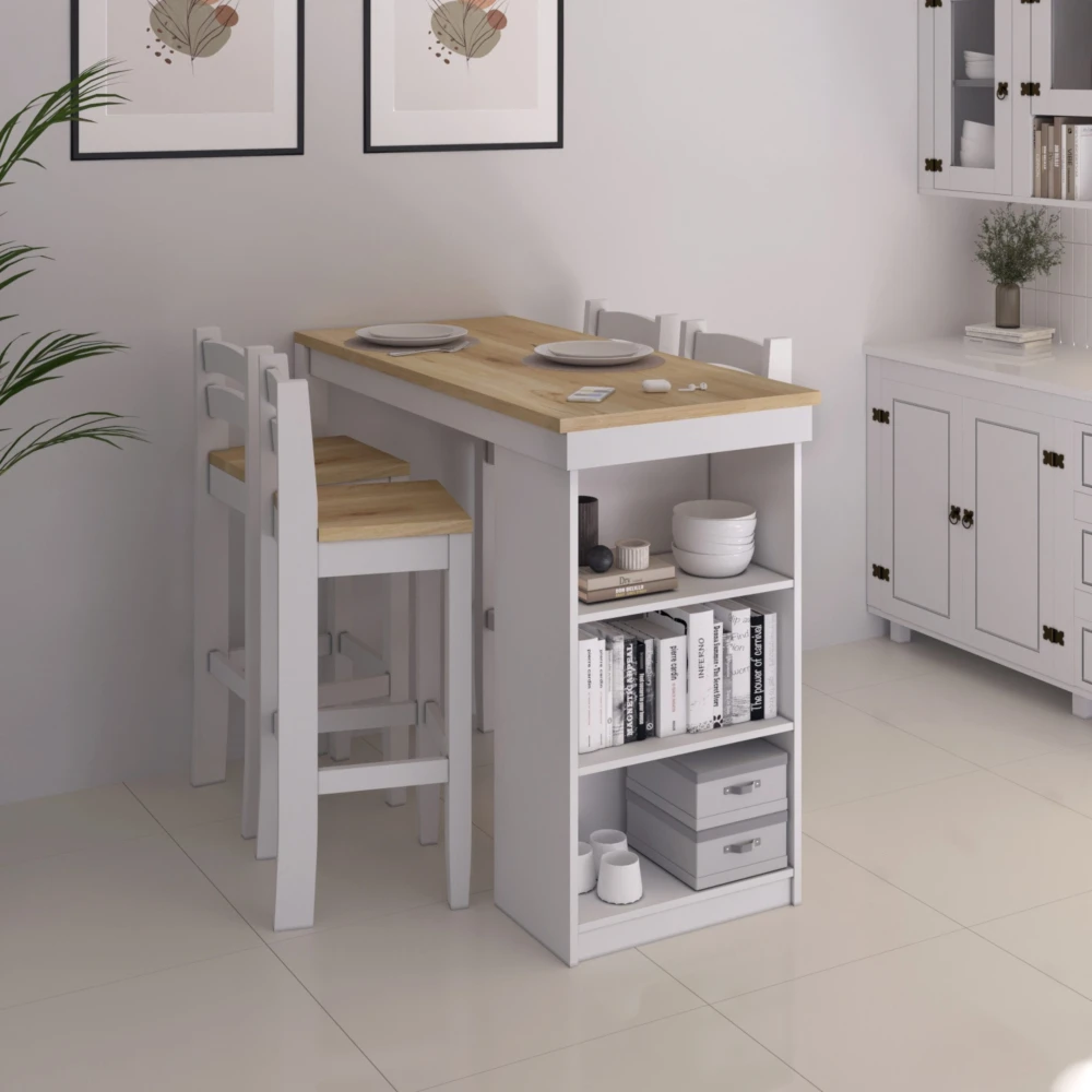 Desayunador 4 Bancos Cocina Comedor Madera Blanco Desayunador 4 Bancos Cocina Comedor Madera Blanco