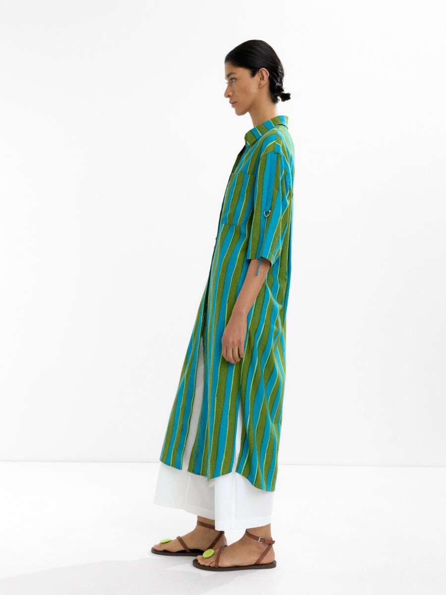 Vestido Camisero A Rayas Mezcla De Lino azul