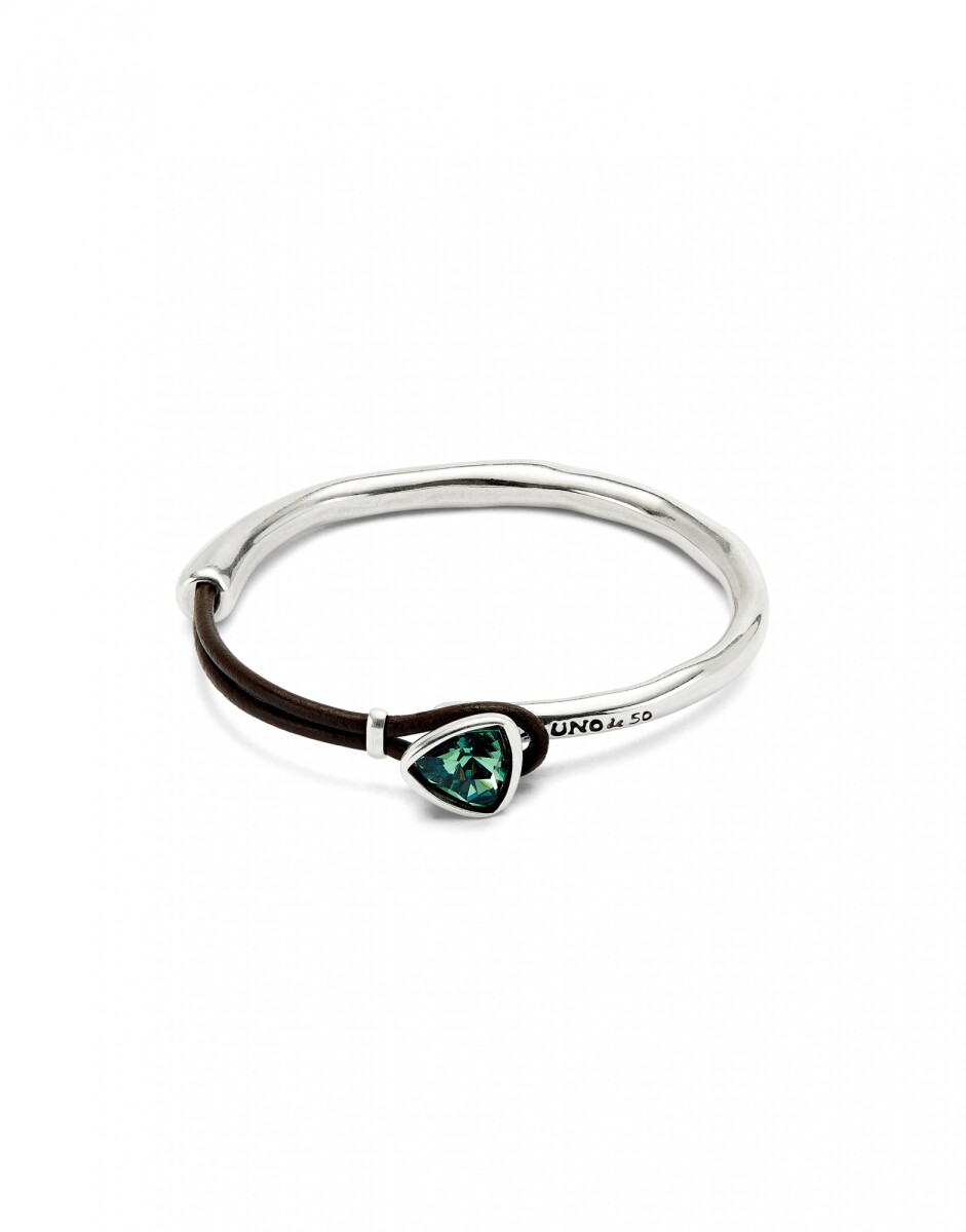 PULSERA FINA CON ALEACIÓN DE METALES BAÑADA EN PLATA DE LEY CON CUERO Y CRISTAL FACETADO VERDE - Pulsera 