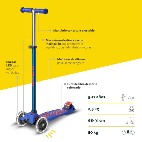 Monopatín Micro Maxi Deluxe LED Ajustable con 3 Ruedas AZUL