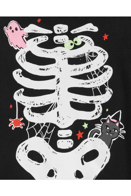 Pijama dos piezas de algodón, diseño esqueleto resplandeciente con fantasma y gato de Halloween. Talles 2-5T Sin color