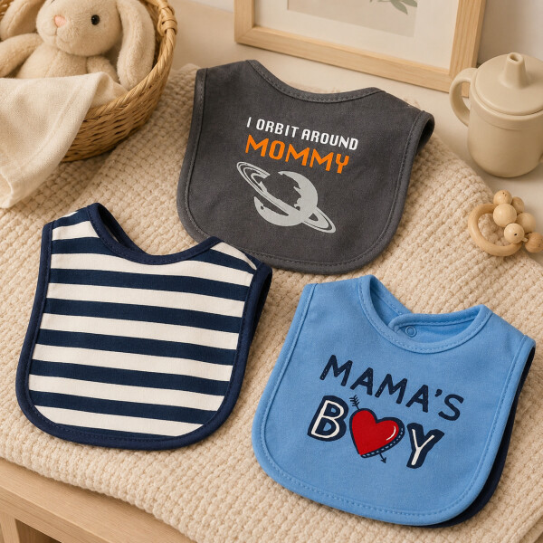 Set Baberos Para Bebé X3 Algodón Frases Surtidas Velcro Azul 1