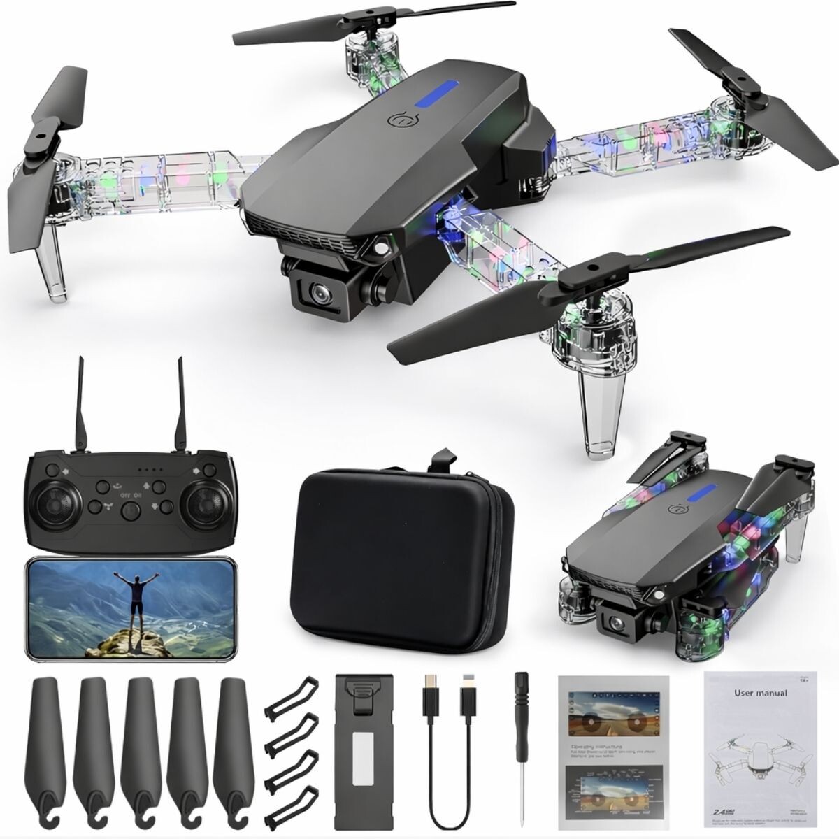 Drone Plegable Camara 480p Luces Led Estuche Control Remoto Negro 