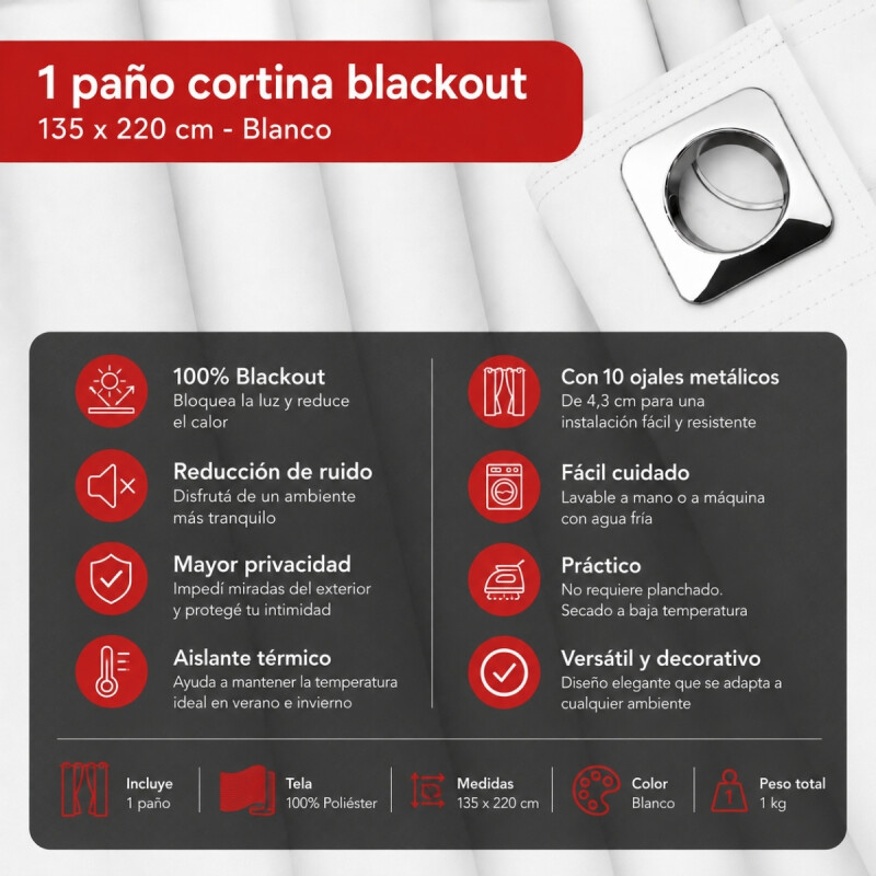 Cortina 100% Blackout 1 paño 135 x 220 BLANCO