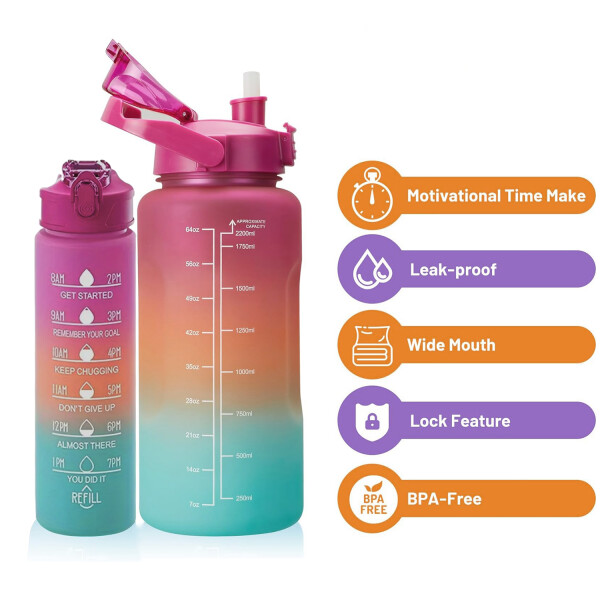 Set X2 Botella De Agua Deportiva 2L + 800 ML MotivacionaL Variante Color Magenta