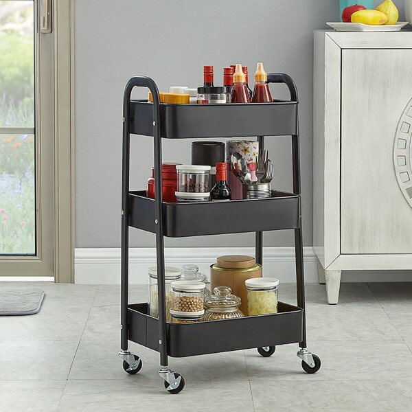 Carro Organizador 3 Estantes Con Ruedas Multiuso Reforzado Color Variante Negro