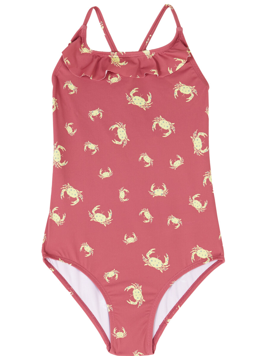 Bañador De Rayas Con Volante En Cintura Rosa