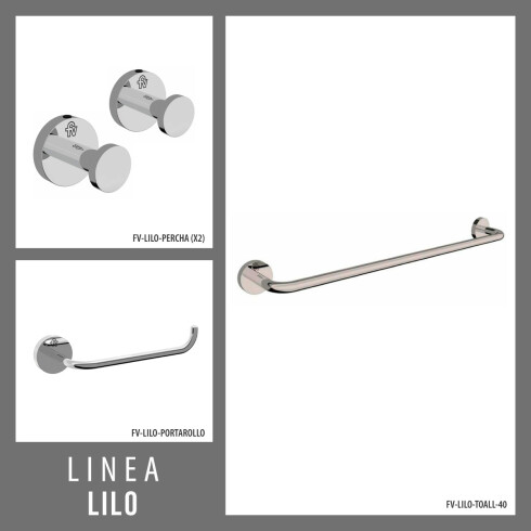 Set De Accesorios Cromado Incluye 2 Perchas, Portarollo Y Toallero Barral 40 Cm. Lilo Fv 000