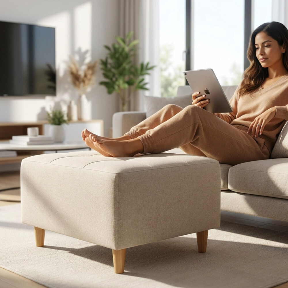 Puff tela y patas de madera Lino beige
