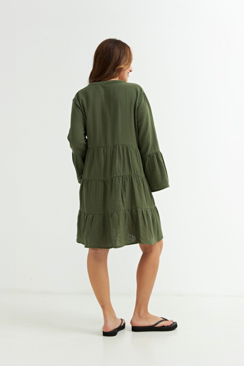 Vestido con volados manga 3/4 VERDE OLIVA