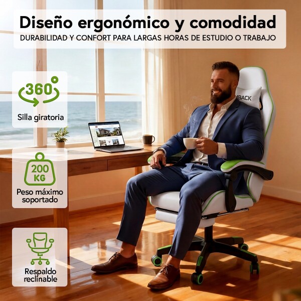 Silla Gamer Ergonomica Escritorio Reclinable con Apoyapies Soporta 200kg IMBACK Color Blanco y Verde Silla Gamer Ergonomica Escritorio Reclinable con Apoyapies Soporta 200kg IMBACK Color Blanco y Verde