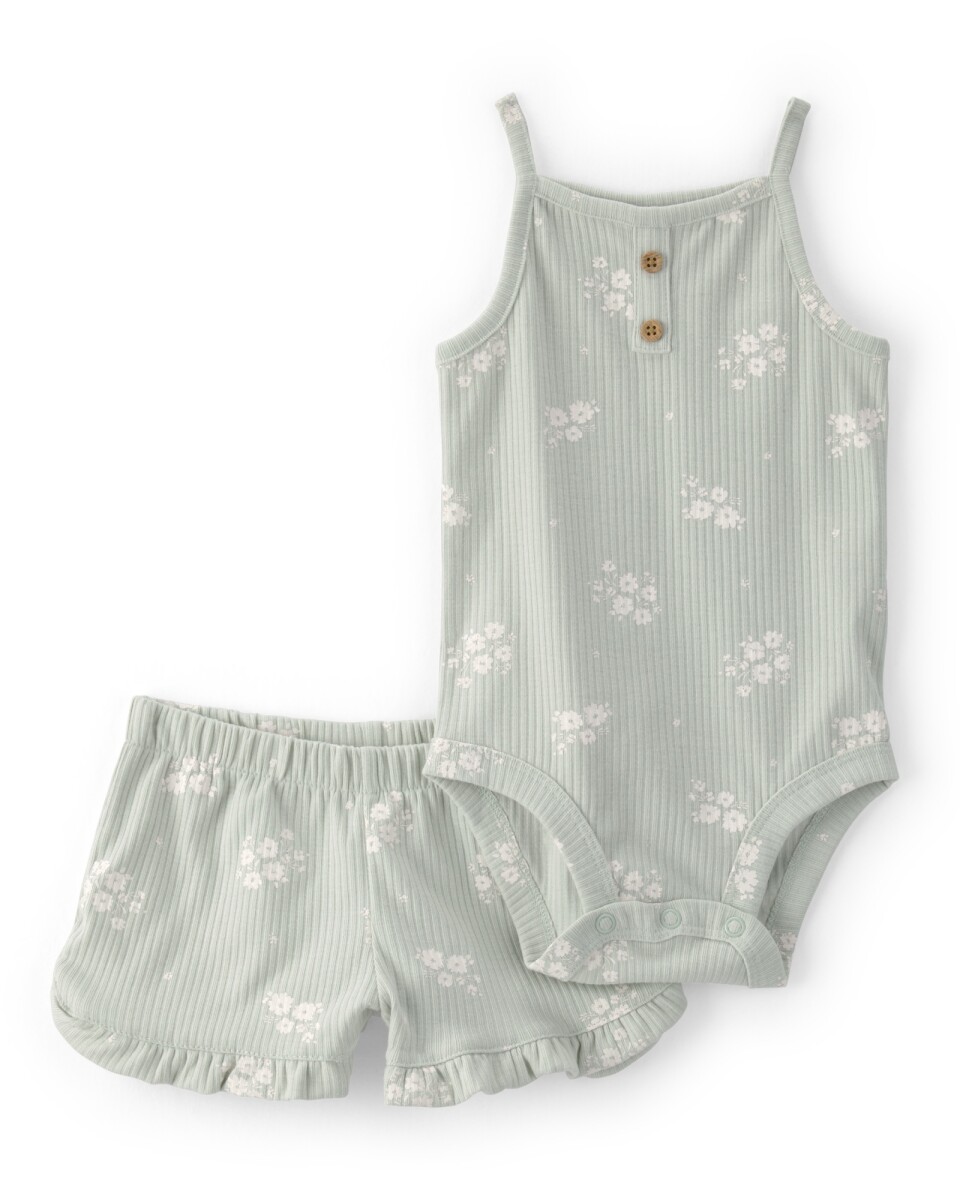Set dos piezas de algodón acanalado, short y body, verde, diseño floral 