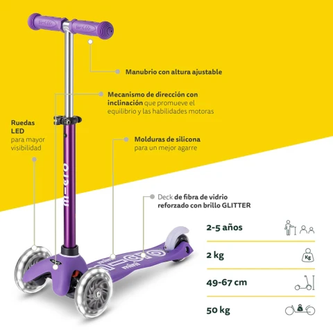Monopatín Micro Mini Deluxe LED Ajustable con 3 Ruedas PURPURA