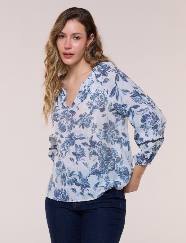 Blusa Con Detalles De Puntilla BLANCO/AZUL
