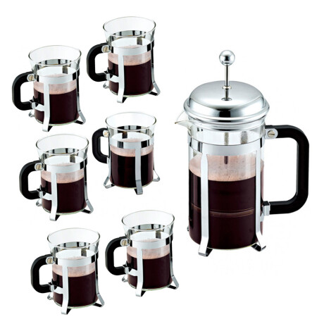 Set Cafetera Tetera Francesa 1L + 6 Tazas 200Ml Acero Vidrio Plateado