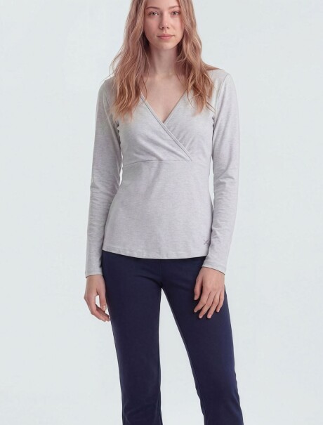 BLUSA CRUZADA DE MANGA LARGA CON CUELLO EN V GRIS