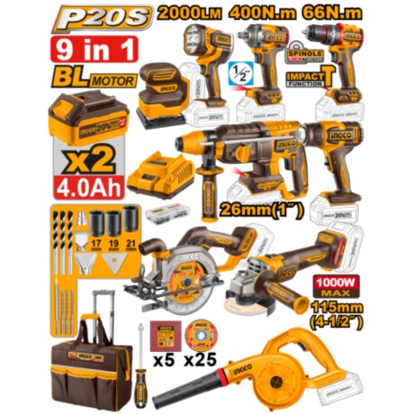 Kit Ingco 9 herramientas a batería + accesorios y valija Kit Ingco 9 herramientas a batería + accesorios y valija