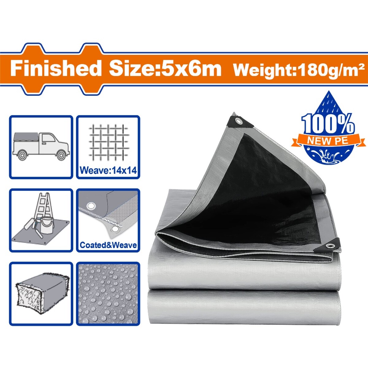 LONA USO RUDO REFORZADA 5X6MT 180G/M2 WADFOW WTQ8856 - GRIS 