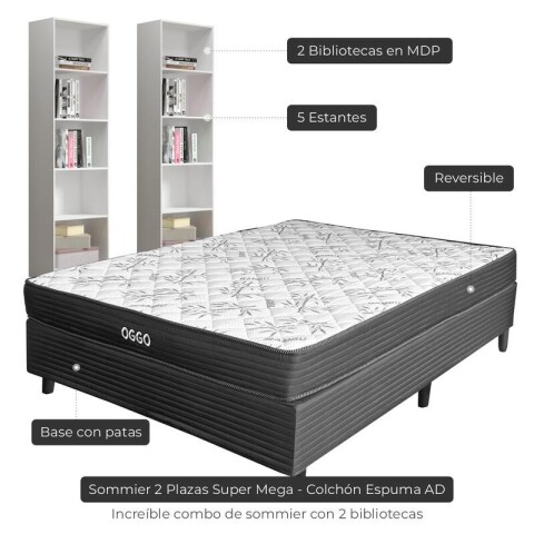 Combo de Dormitorio Sommier Super Mega de 2 Plazas y 2 Repisas 5 Estantes Reversible con Refuerzo Grauniert® - Blanco Combo de Dormitorio Sommier Super Mega de 2 Plazas y 2 Repisas 5 Estantes Reversible con Refuerzo Grauniert® - Blanco