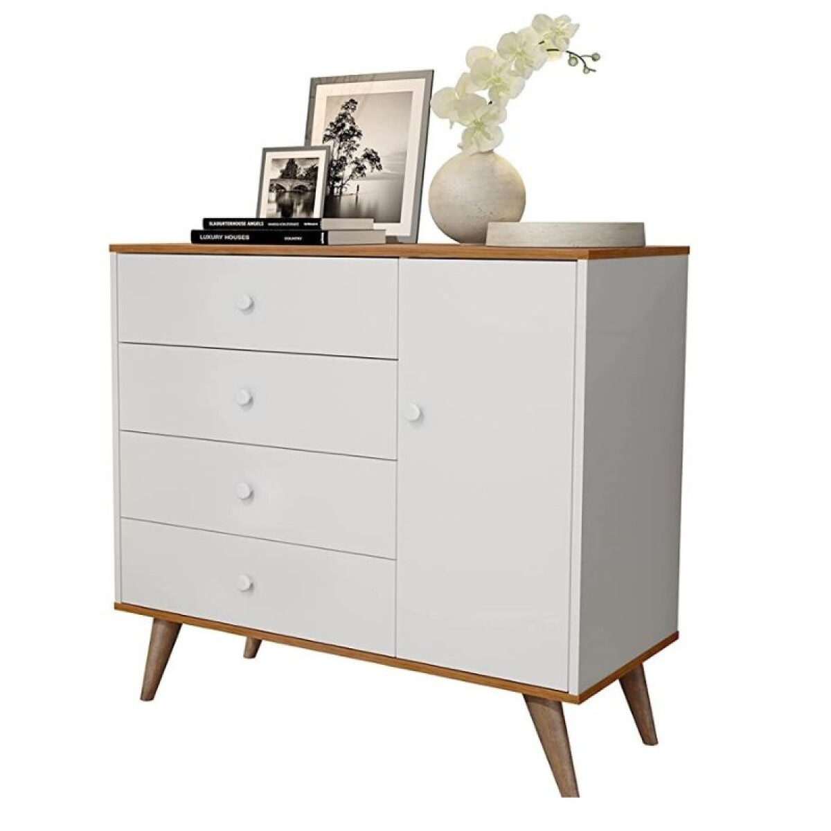 COMODA ALICE 4 CAJONES 1 PUERTA - BLANCO/NATURAL 