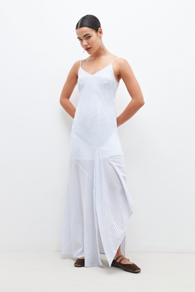 Maxi vestido a rayas con brillos celeste