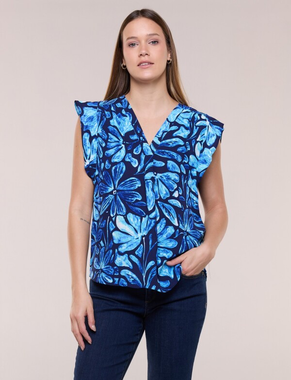 Blusa Holgada Manga Casquillo Con Volado AZUL/MULTI