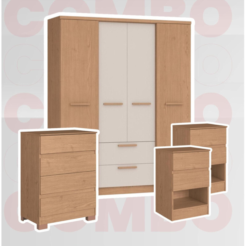 Combo ASPEN 2 MESA DE LUZ, 1 CAJONERA 4 cajones y ROPERO 4 puerta Combo ASPEN 2 MESA DE LUZ, 1 CAJONERA 4 cajones y ROPERO 4 puerta
