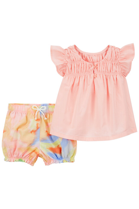 Set dos piezas de algodón, short y blusa fruncida Set dos piezas de algodón, short y blusa fruncida