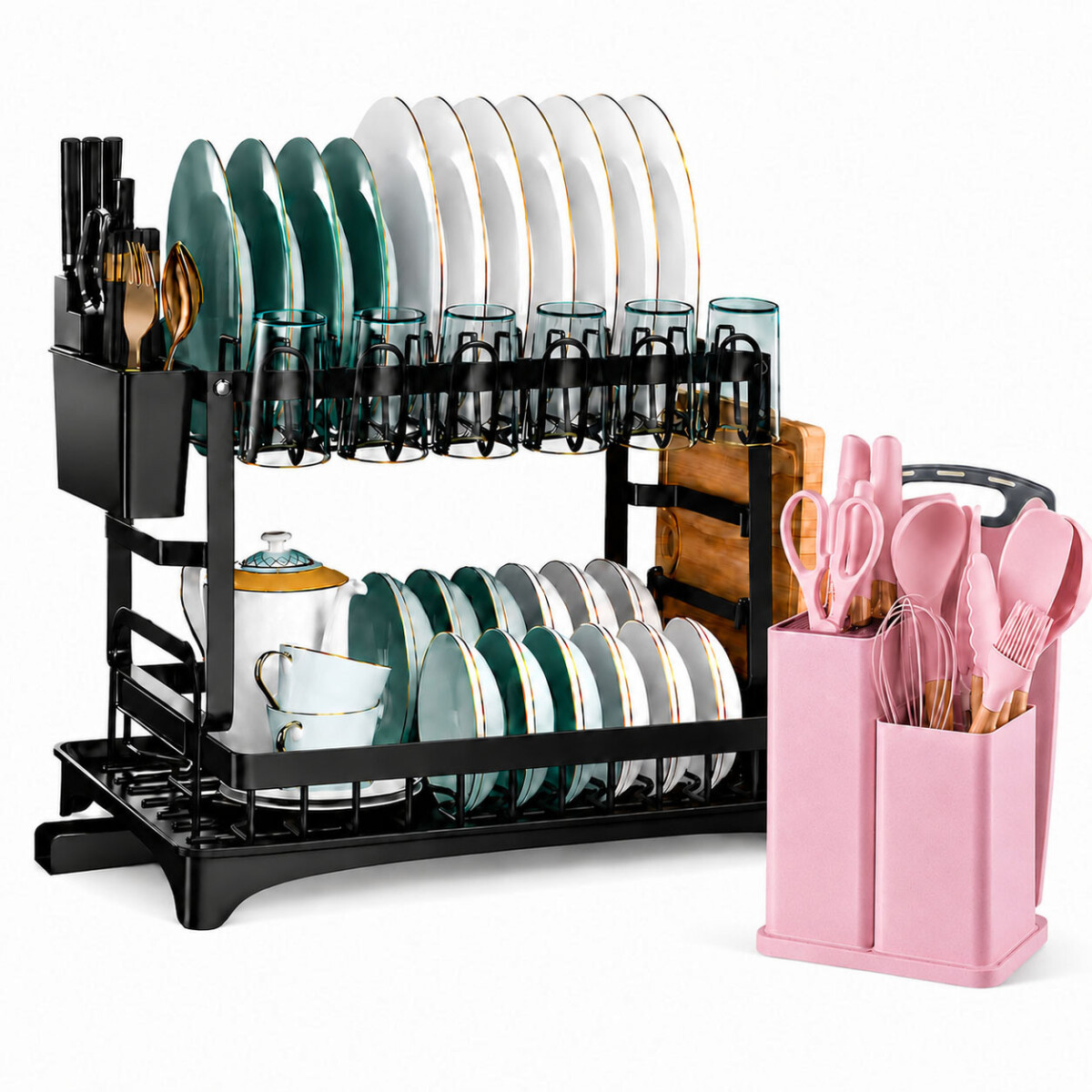 Set Utensilios Cocina 19Pz + Escurridor 2Niv Acero Inox - Rosa 