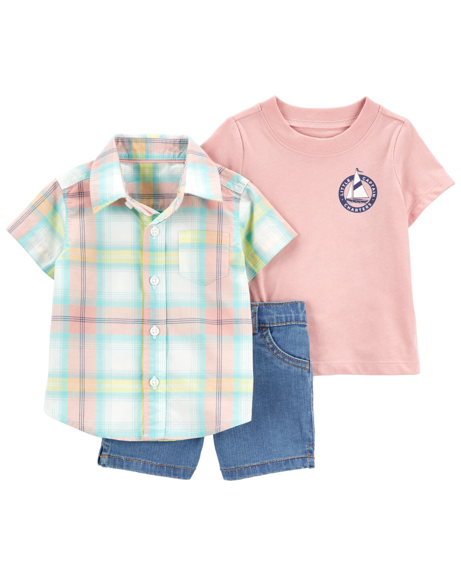 Set tres piezas short jean, camisa y remera de algodón Set tres piezas short jean, camisa y remera de algodón