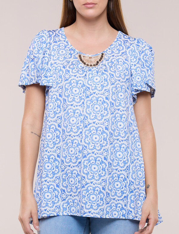 Blusa Mandalas Con Aplique étnico Y Mangas Volado BLANCO/AZUL