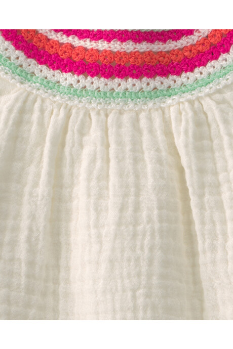 Vestido de algodón, marfil, con cuello multicolor tejido Sin color