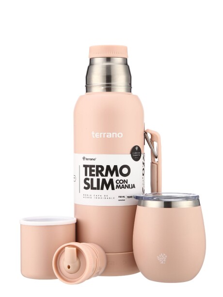 Kit Termo 750mL. Slim con Manija + Mate de Acero con Tapa Rosado