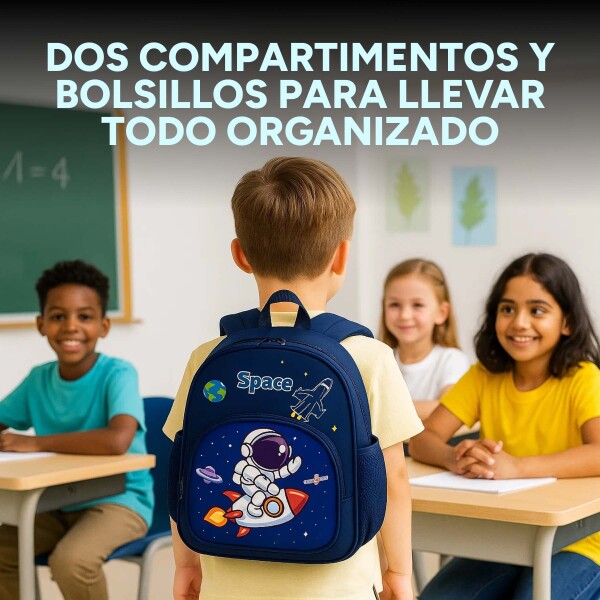 Mochila Escolar Reforzada 33x24cm 2 Bolsillos Astronauta Color Azul