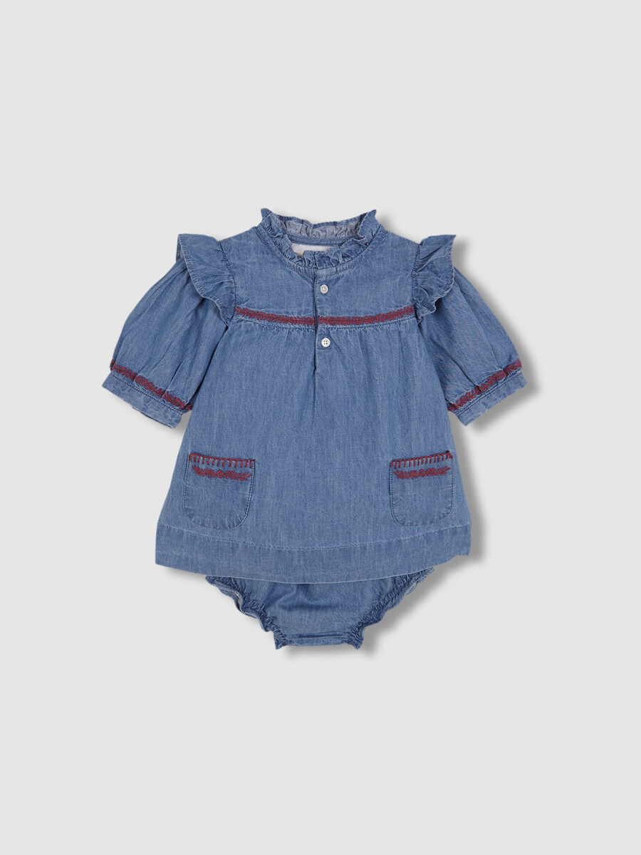 Vestido Vaquero Con Bordados Azul Claro