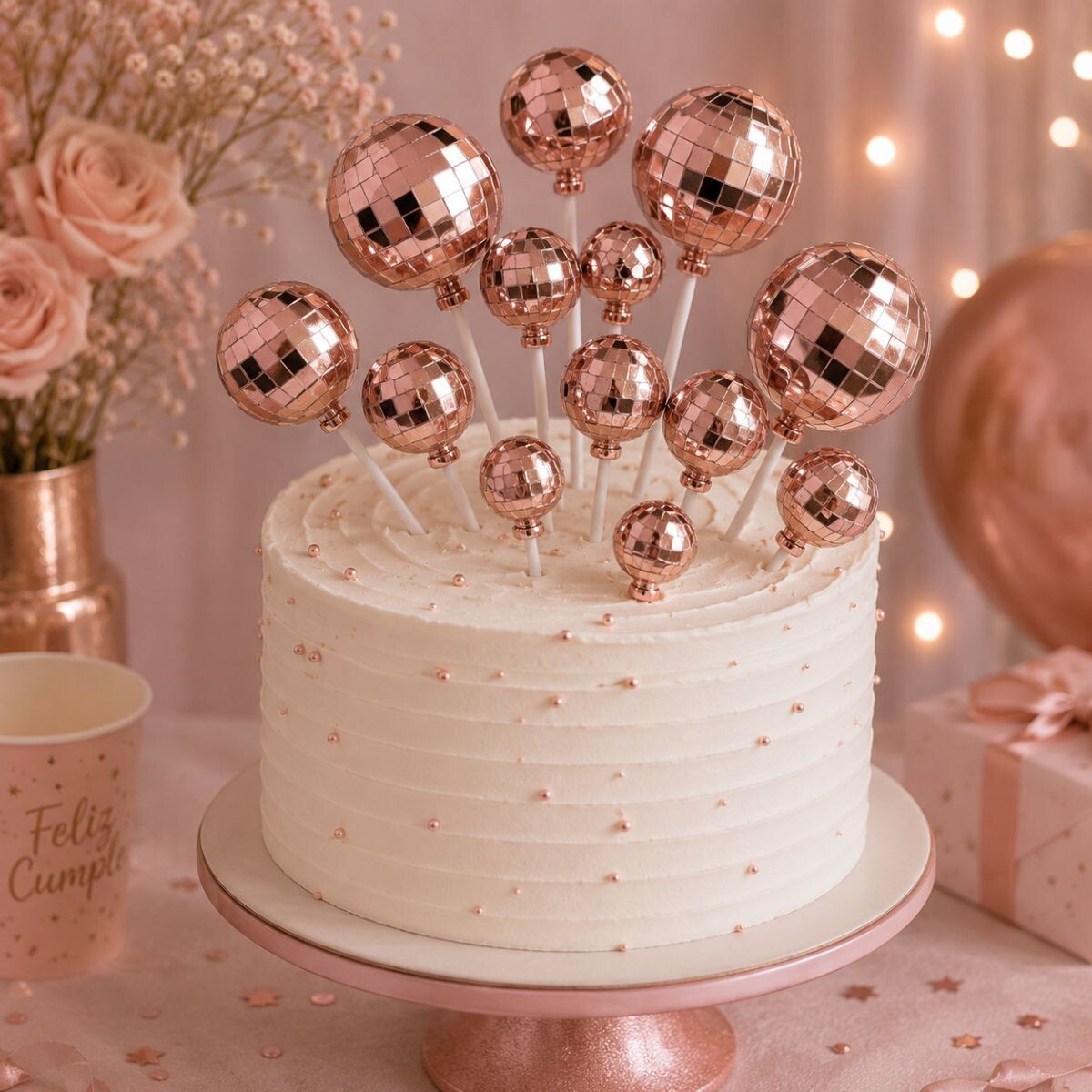 Topper Bola de Espejo x12 - Rosa Oro 