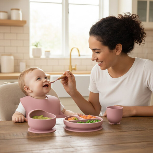 Set Alimentación Bebé Platos Silicona Libre Bpa 10 Piezas Color Rosa