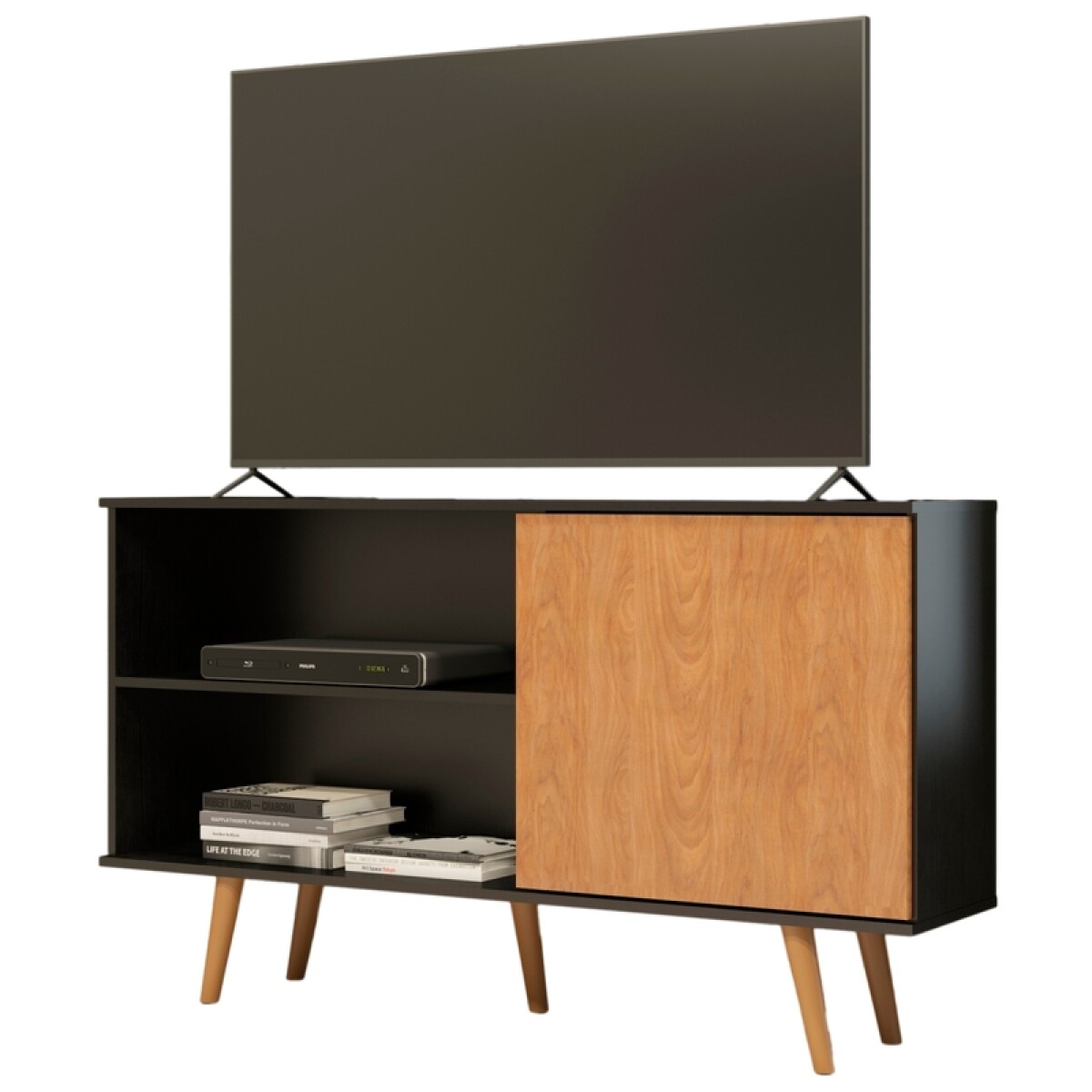 Mueble Rack de Tv de Piso con Puerta y Estantes 136 cm de Ancho - Negro / Freijo 