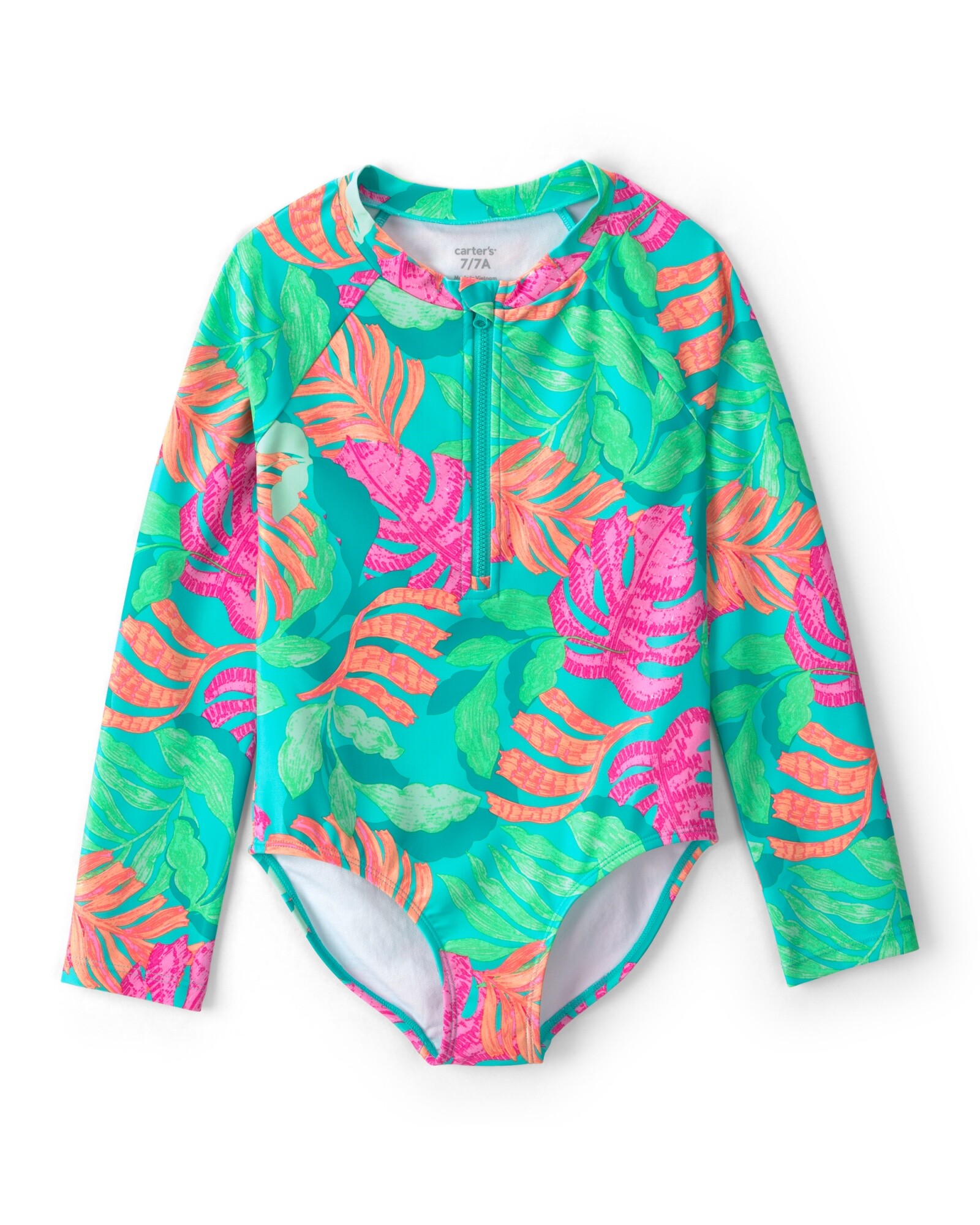 Malla de baño 1 pieza manga larga con protección UPF 50+, verde, diseño tropical Sin color